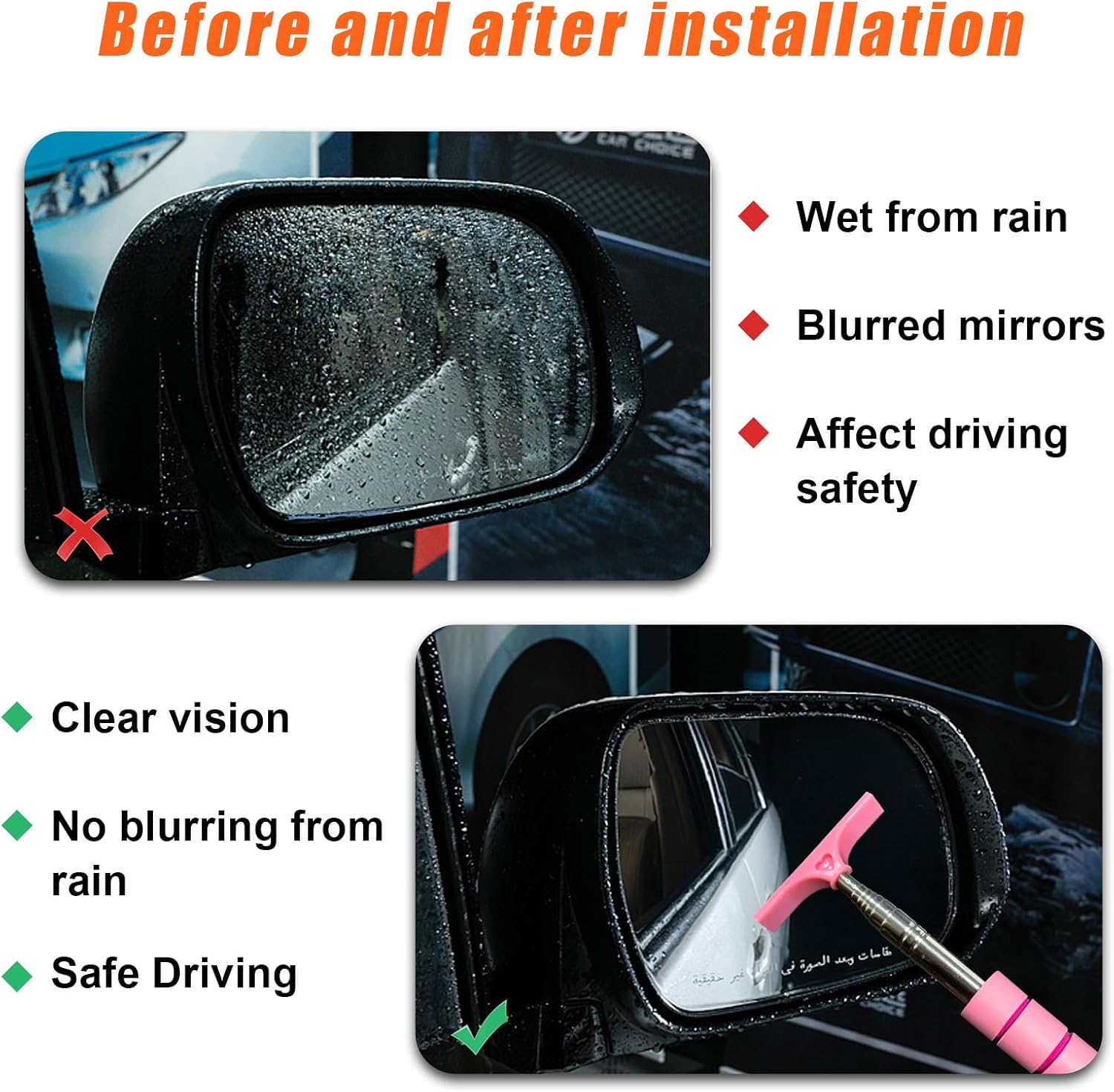 Dickno Car Side Mirror Squeegee, 35.6'' Retractable Rearview Mirror Wiper, Mini Portable Auto Window Squeegee Cleaner, Universal Vehicle Glass Cleaning Tool for Rainy Foggy Weather (Pink) image 4