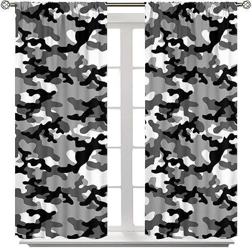 Miniatura 8 de Cortinas de camuflaje gris militar, arte de camuflaje negro, blanco, gris, cortinas opacas con bolsillo para barra, para dormitorio, sala de estar,