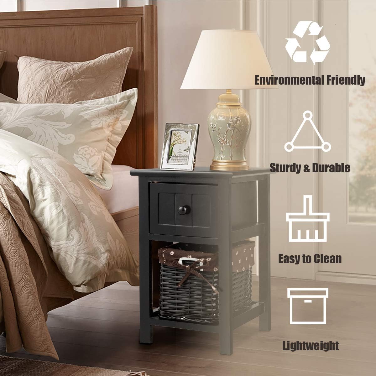 Giantex Nightstand with Drawer and Layer, Wicker Basket Wooden Mini Organizer for Bedroom Bedside Sofa End Table (2, Black)