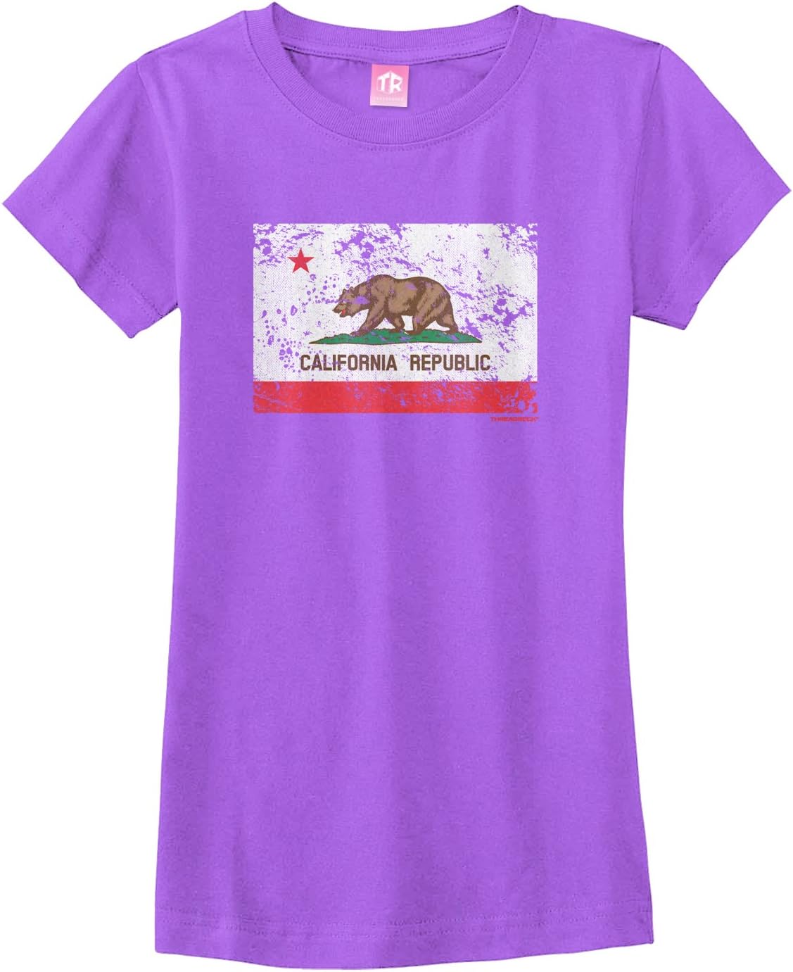 Threadrock Big Girls' Distressed California Flag Fitted T-Shirt