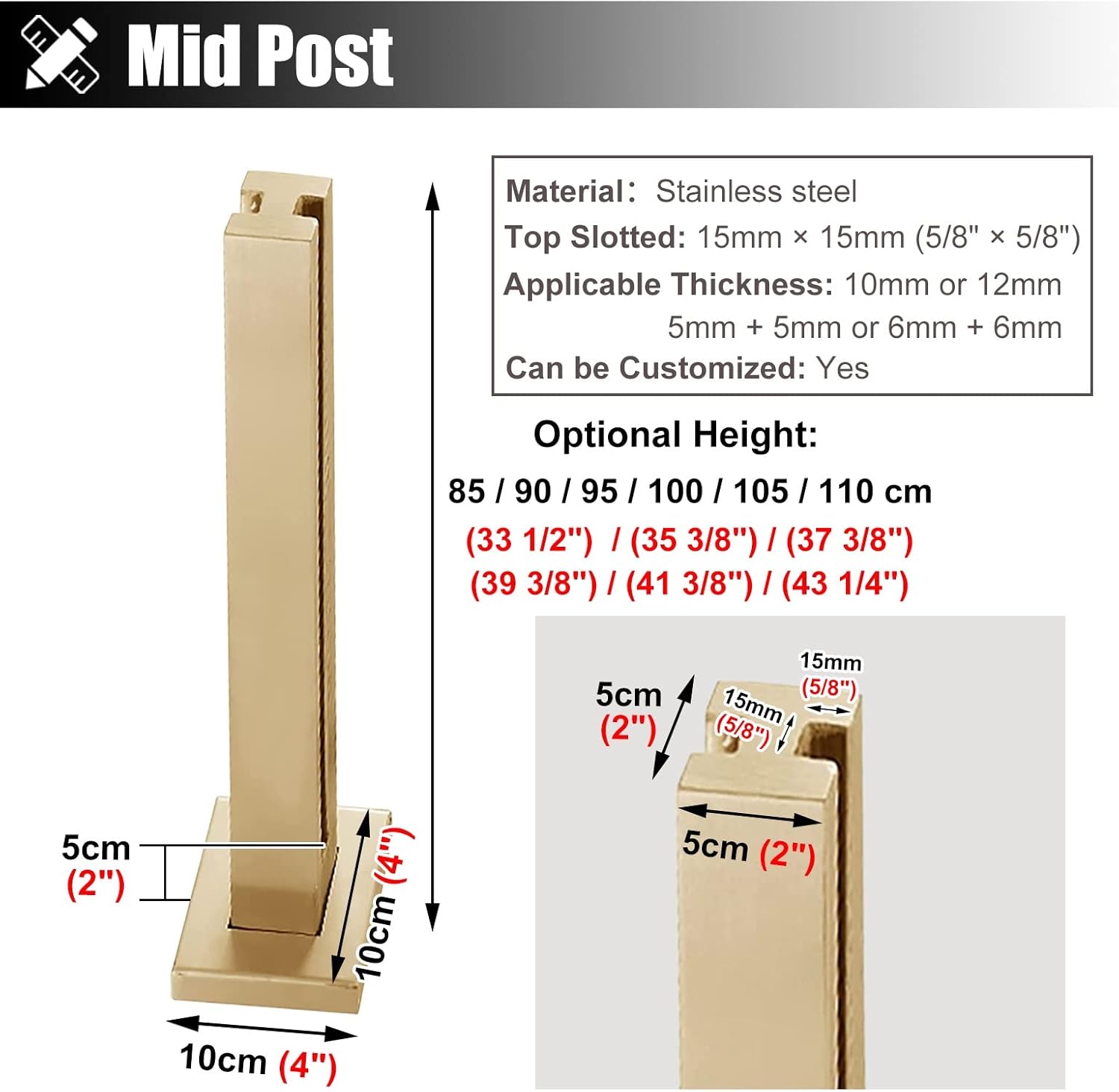 Glass Balustrade Post Clamp, Floor Mount Glass Balustrade Post, Inside/Outside Glass Railing System, Platform Partition/Veranda Protection Glass Guardrail Clamp(Mid Post,85cm/33.5")