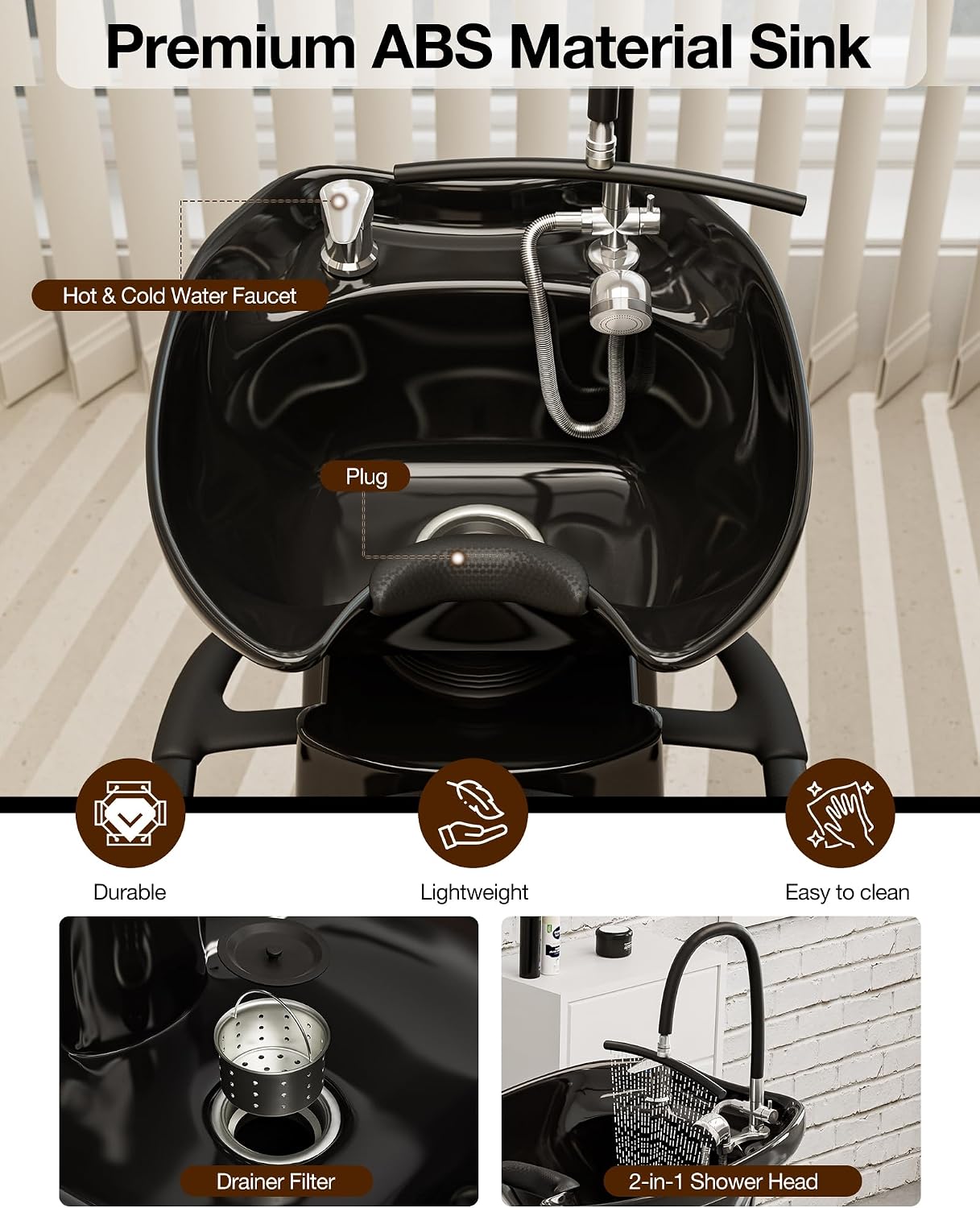 Icoget Salon Shampoo Chair and Bowl Set, Head Spa Hair Washing Station with Waterfall and Sprayer, Tilting ABS Bowl with Soft Neckrest, Barbershop Spa Equipment