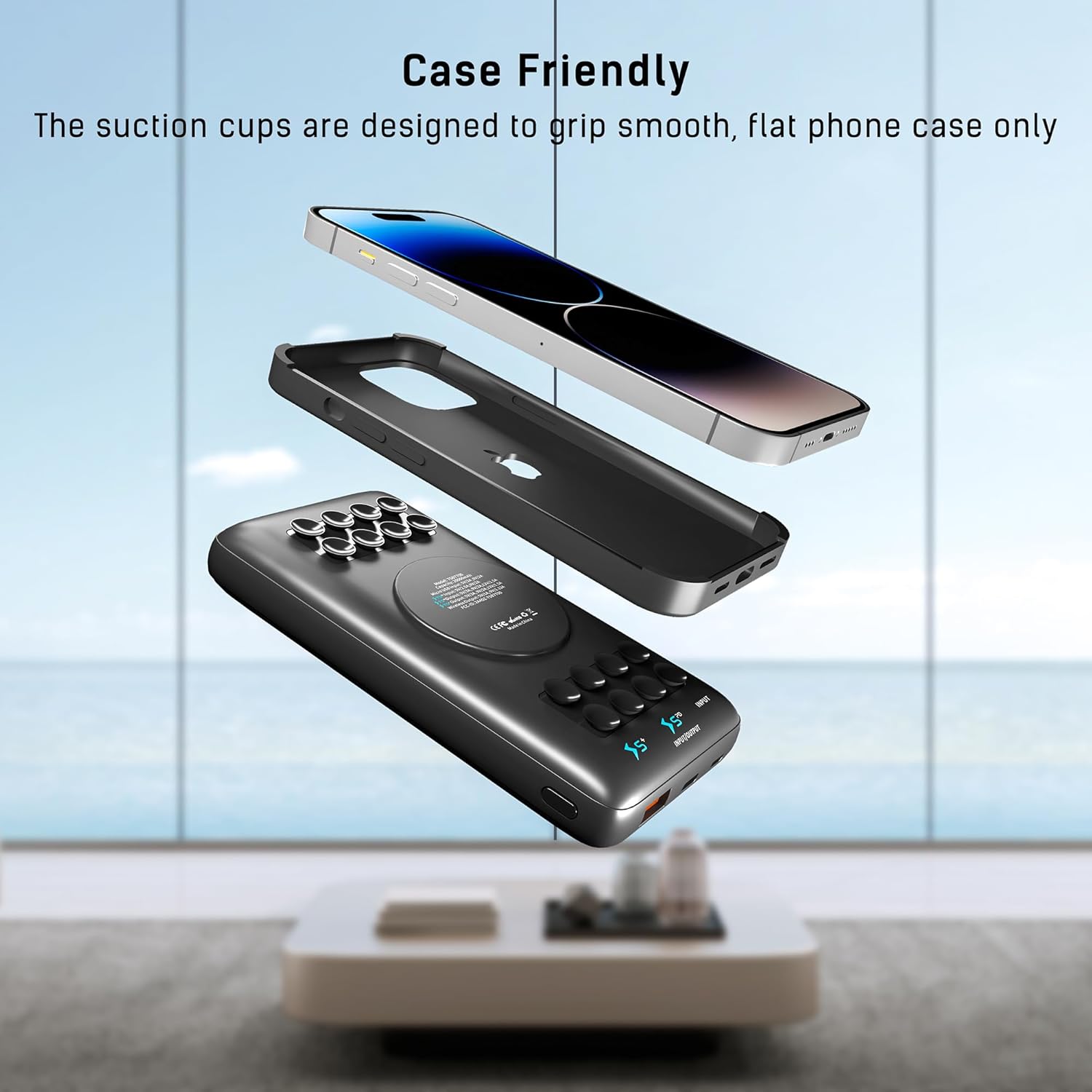 20000 mAh Wireless Power Bank with Anti-Slip Suction Cups, 18W USB-C Fast Charging Compatible with iPhone 16, 15, 14, 13, 12, 11, X, XS, XR, and Samsung Galaxy S25, S24, S23, S22, S21, S10, LG THinQ