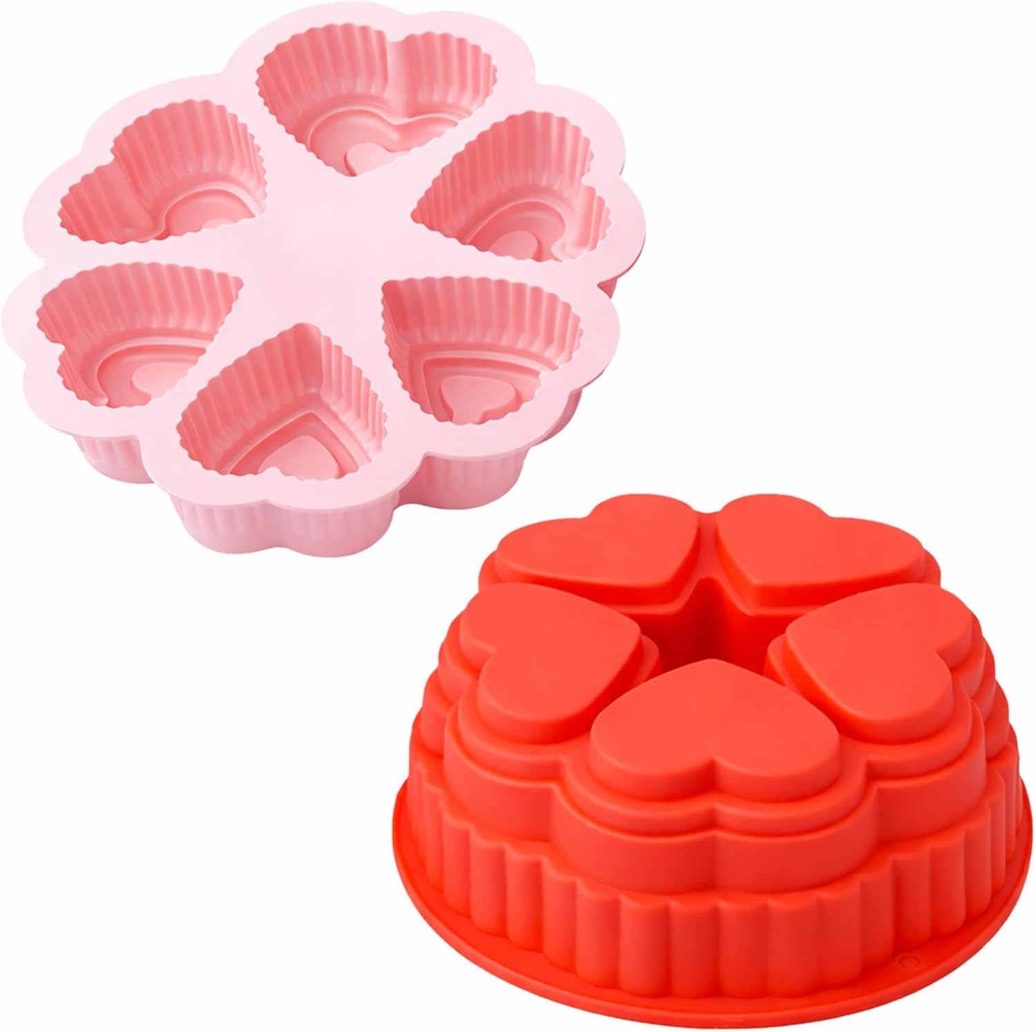 Silicone Heart Cake Mold Set (2 Pcs) - Red Large Fluted Ring Cake Pan & Pink 6-Cavity Muffin Chocolate Tray - Non-Stick Baking Supplies for Mousse, Jello, Soap