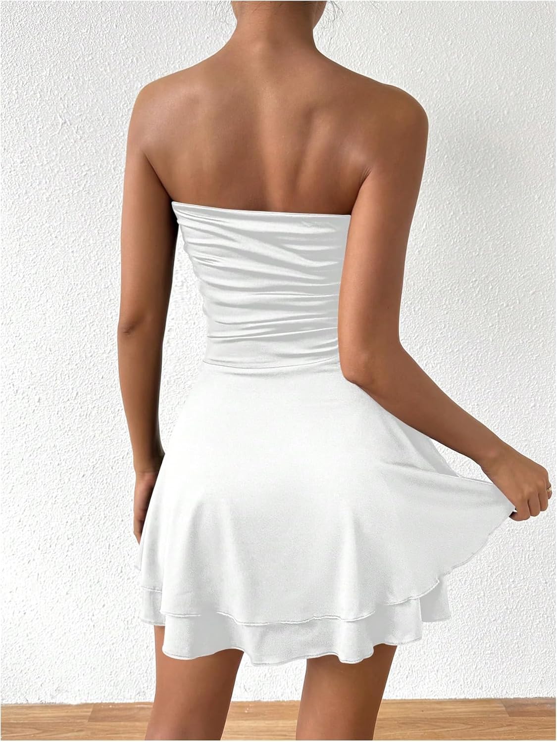 Floerns Women's Strapless Tube Dress Going Out Ruched Layered Ruffle Mini Dresses - Image 3