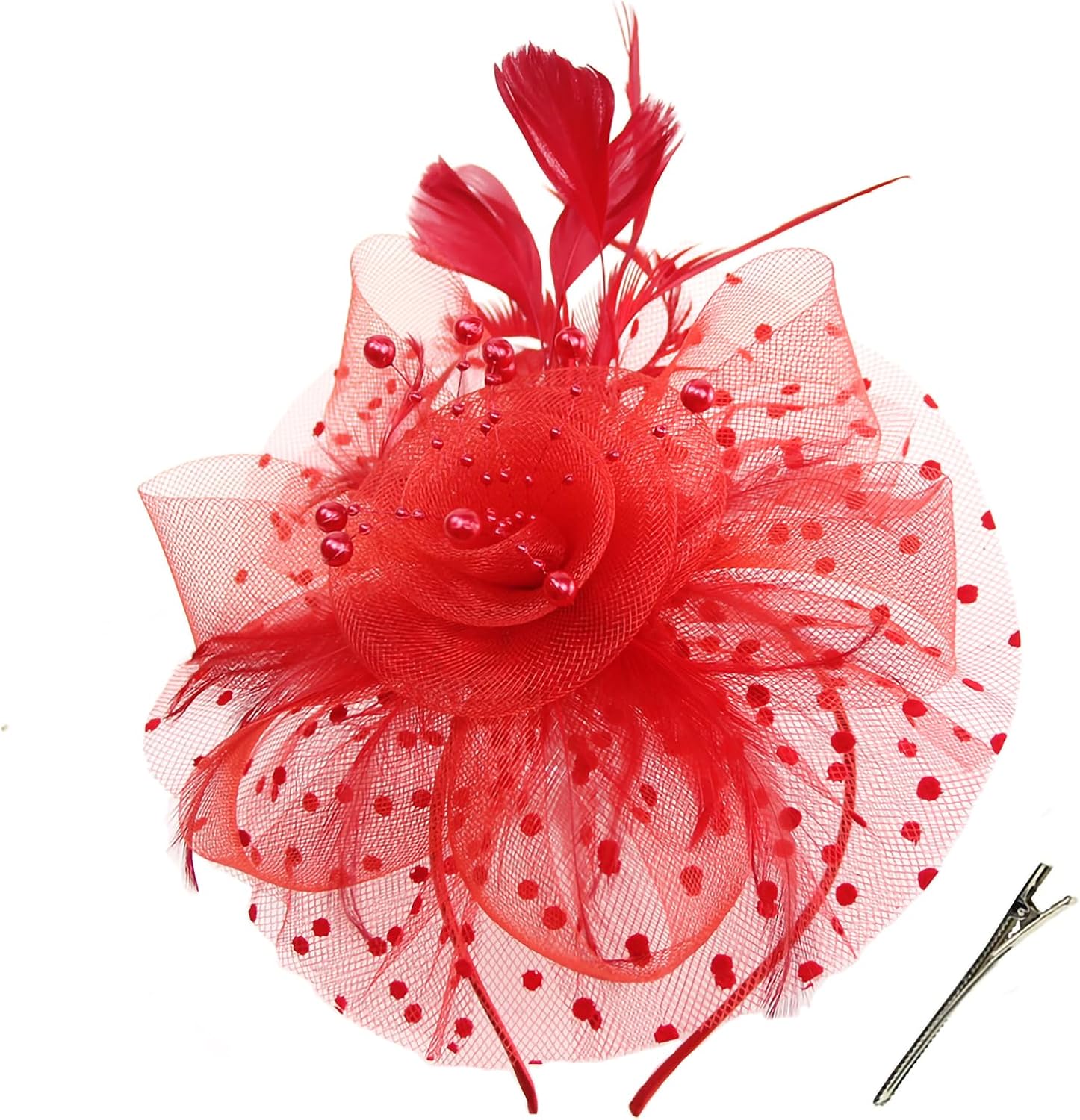 Durzasvo Women's Fascinators Tea Party Wedding Derby Mesh Flower Pearl Feather Fascinator Hat with Headband and Clip