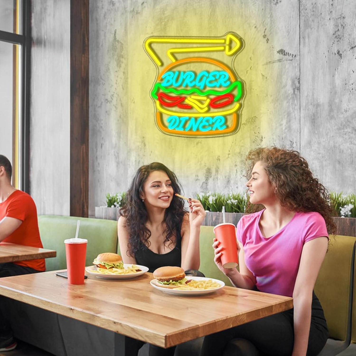 Diner Burger Neon Sign for Bussiness Dimmable Hamburger Neon Light Sign for Wall Decor Snacks Led Signs for Kitchen Restaurant Fast Food Store Man Cave Bar Cafe Party Decor 13.2" x 12.8"