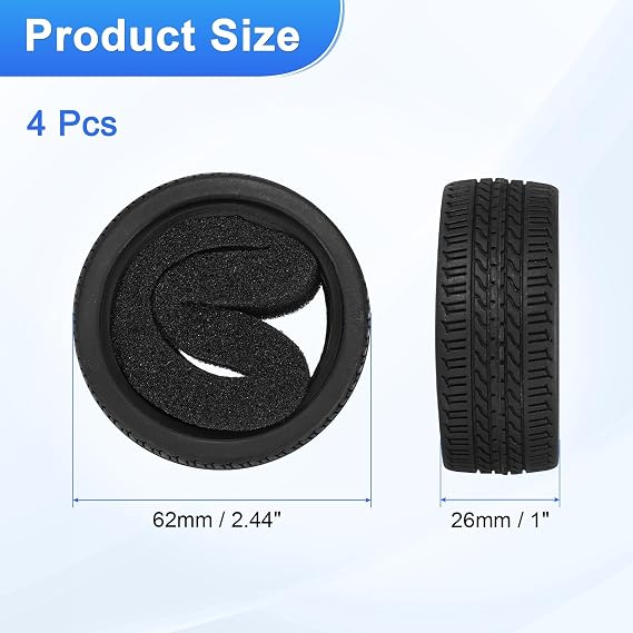 sourcing map 4Pcs Soft Rubber RC On-Road Car Tyres D22-Type Sponge Inside for RC 1/10 HSP Tires Scale Touring On-Road Racing DIY Model Car- 62mm(2.44) OD x 26mm(1) Width, Black