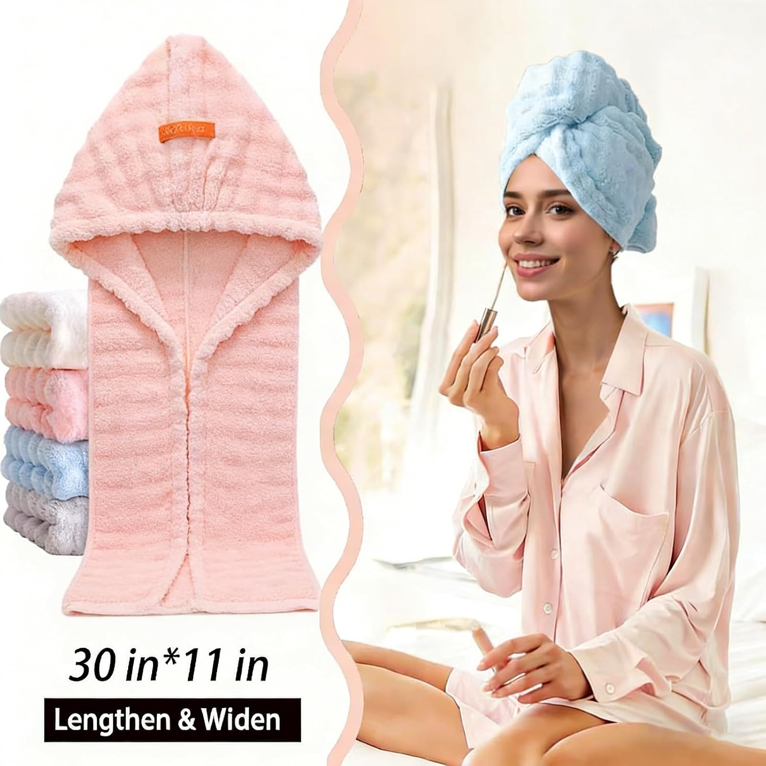 Two-piece set of extra-thick hair drying caps, super absorbent and quick-drying, perfectly conforms to wet hair. The microfiber shower caps are suitable for everyday use in the bathroom and bedroom.