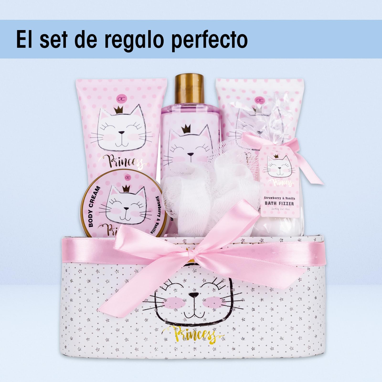 Accentra PRINCESS KITTY Juego de regalo baño mujer 250 ml gel de ducha loción exfoliante crema bombas baño esponja cesta fresa vainilla
