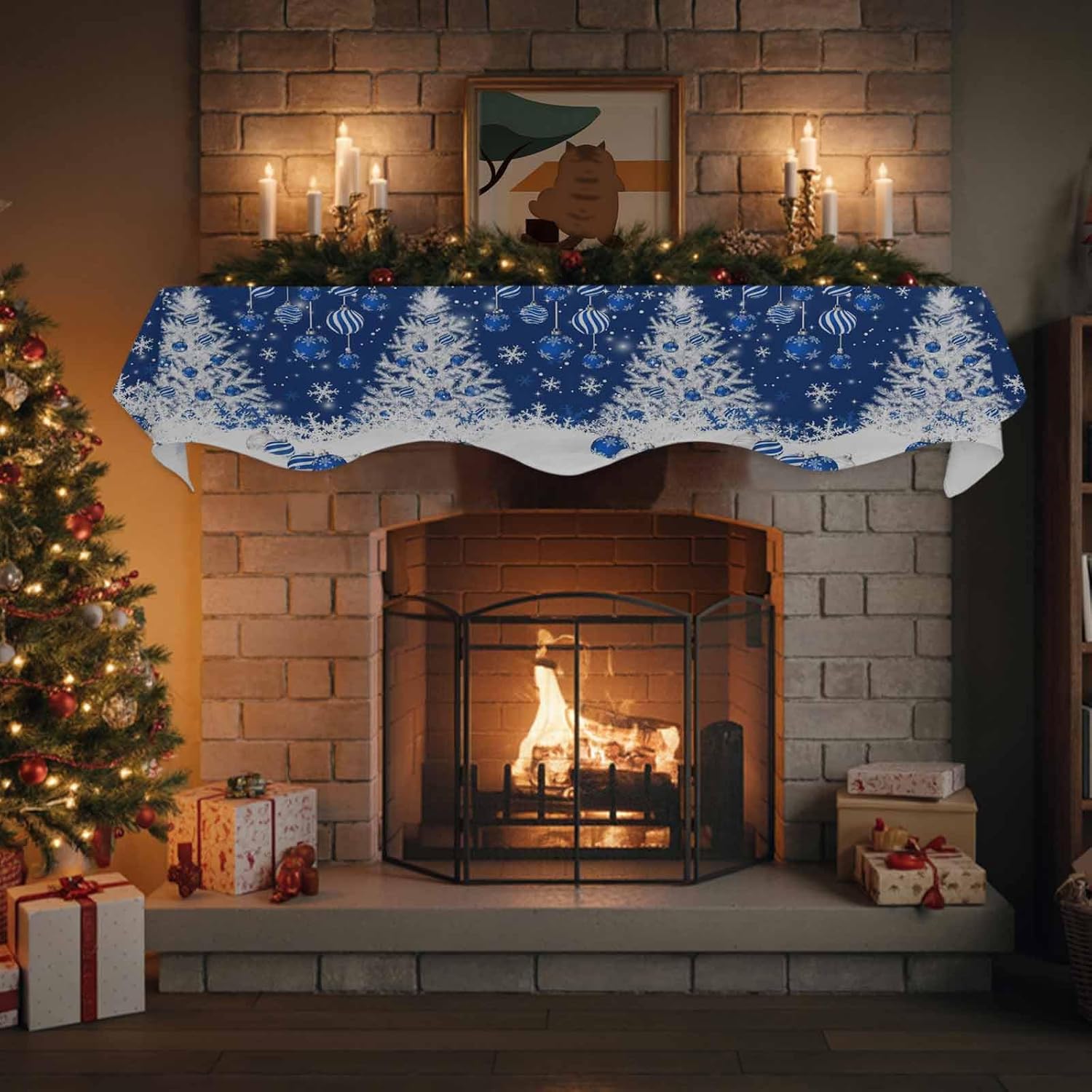 T&H XHome Christmas Mantel Scarf - Modern Fireplace Table Runner Christmas Xmas Tree Winter Blue Christmas Ball Snowflake Tabletop Scarf for Fireplace Top Runner Window Protector Decor 70"x17"