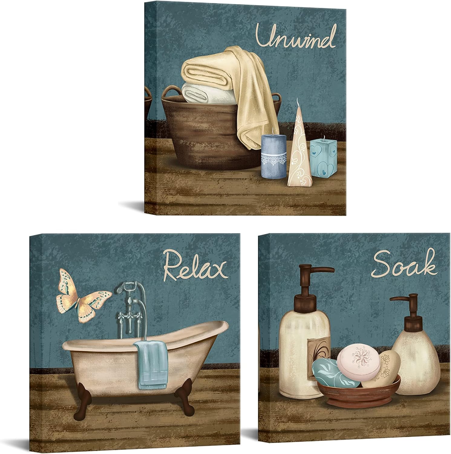RyounoArt Spa Bathroom Wall Art Teal Brown Pictures Relax Unwind Soak Wall Prints on Canvas Bathtub Painting for Bathroom Wall Decor 12 * 12 inch Framed
