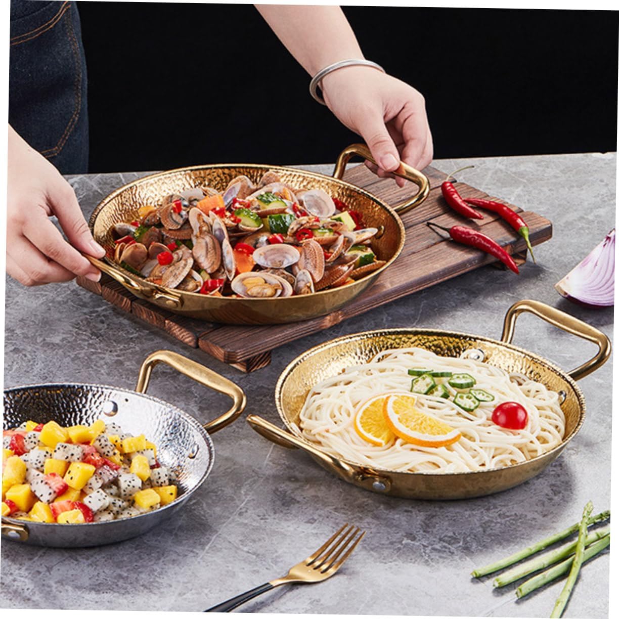 Stainless Steel Paella Pan with Double Handles Multi Function Cooking Cookware for Hot Pot Seafood Stew Energy Saving Rapid Heating Suitable for Gas and Electric Stoves