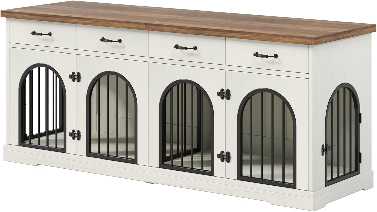 70.8" Large Double Dog Crate Furniture for Small/Medium Dogs, Wood Dog Crate End Table TV Stand with Removable Divider Door and 4 Storage Drawers, Decorative Pet Cage Dogs Kennel Furniture, White