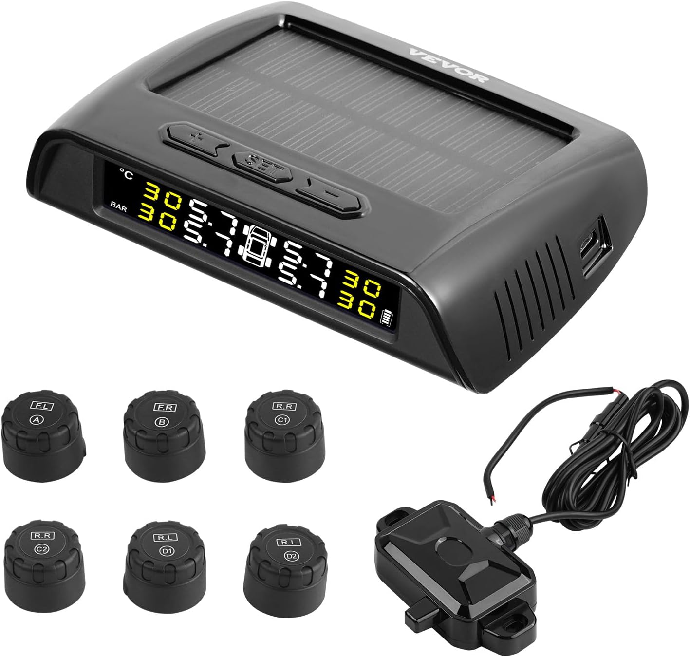 VEVOR RV Tire Pressure Monitoring System, 7.3-116 PSI Trailer TPMS 6 Tire with 6 Sensors, 5 Alarm Modes, Waterproof TPMS Sensors Set Solar Charge, and Real-time Display, Signal Booster