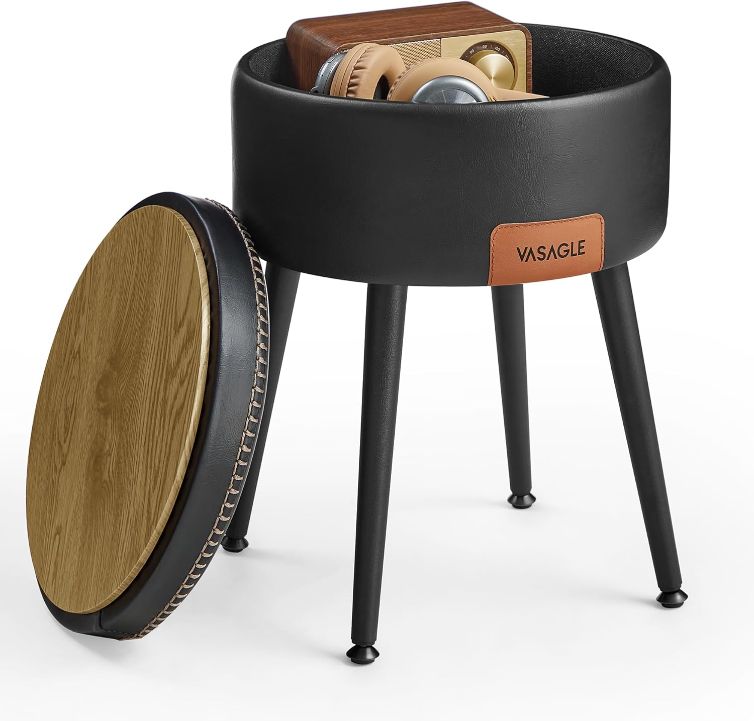 VASAGLE EKHO Collection Storage Ottoman, Vanity Chair Stool, Round