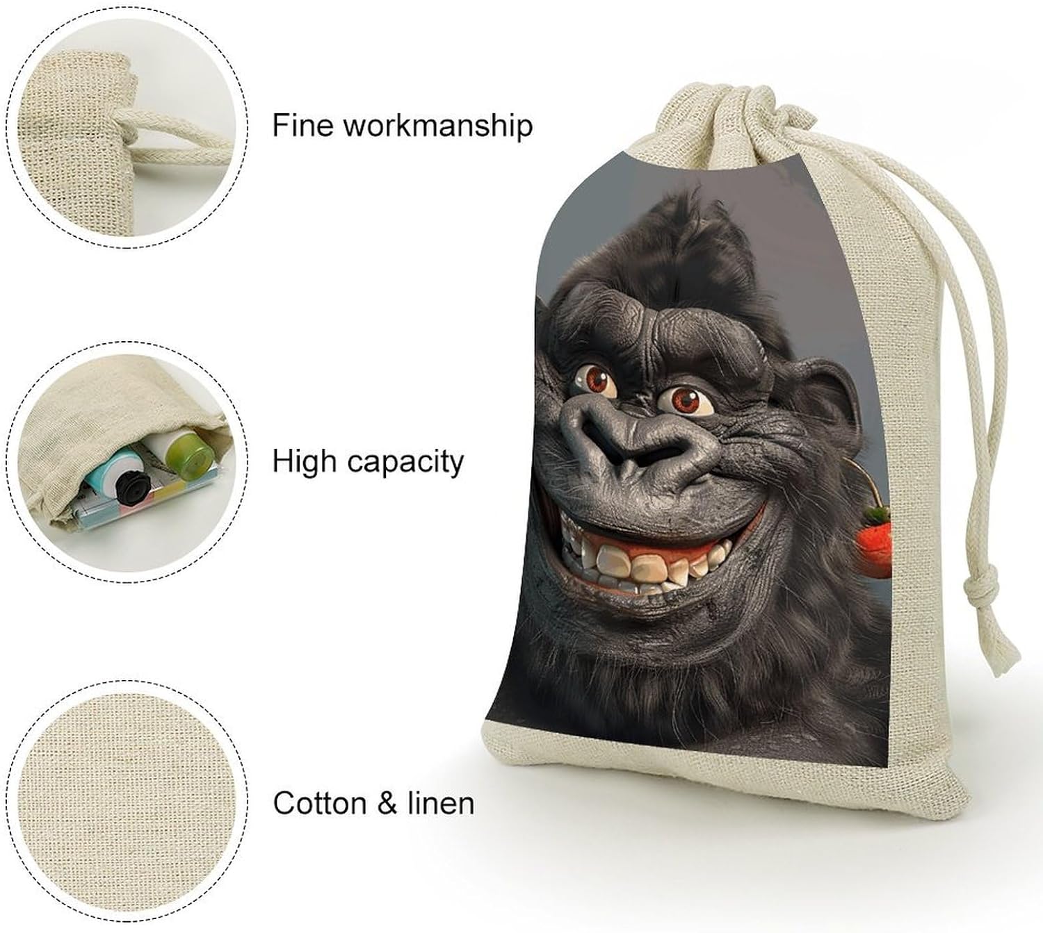 FekiLoot Smiling Gorilla Photo Cotton Linen Drawstring Bags Pack of 8 image 3