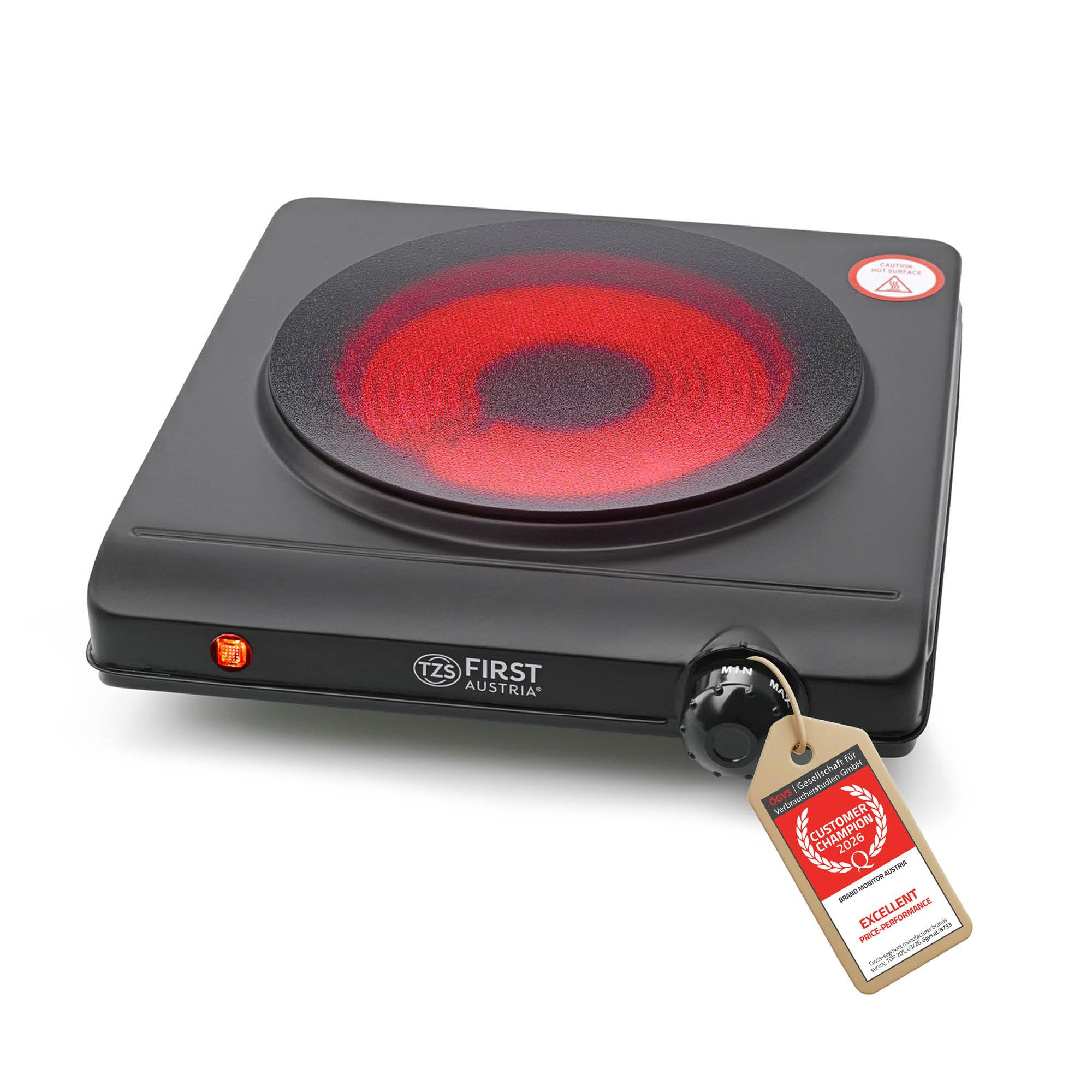 TZS First Austria - Placa de cocción vitrocerámica infrarroja TODOS los tipos de ollas 1250W - Mini hornillo eléctrico individual para mudanza, camping y hogar - Regulación continua y luz indicadora