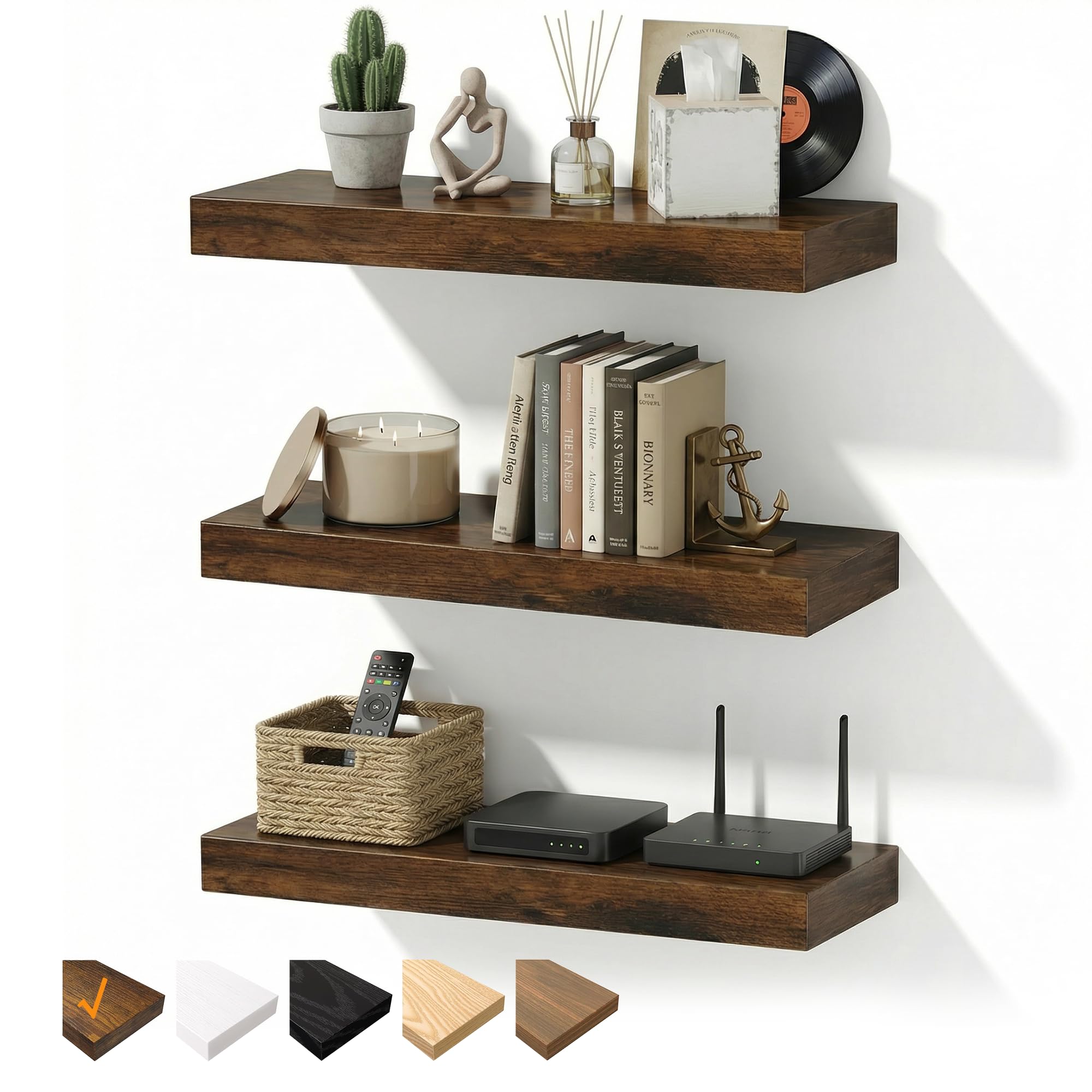 RICHER HOUSE Brown Floating Shelves, Long Wall Shelf, 40 x 23.5 x 3.8 cm
