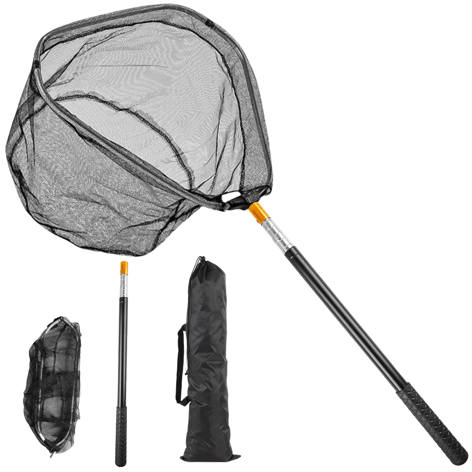 Épuisette de pêche télescopique pliable de 130 cm avec sac de rangement, longueur réglable, épuisette de pêche en nylon durable pour enfants et adultes