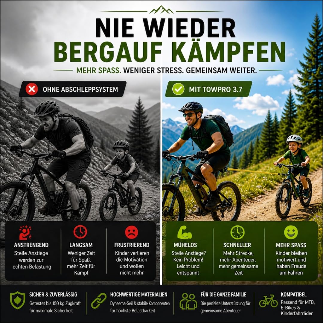 Tow PRO 3.7 - Cuerda de remolque para bicicleta con guía QR y bolsa | Cuerda Dyneema reflectante para MTB, niños y familia, 150 kg de fuerza de tracción, función de enrollado, ultraligera