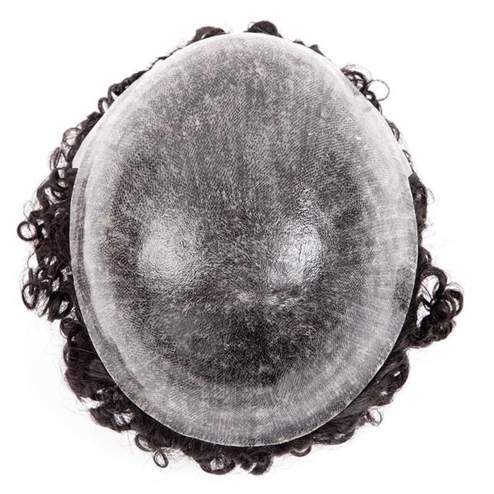 Tupet z prawdziwych włosów dla mężczyzn, 25 mm, ze skóry PU, afro, kręcone, wstrzykiwane, naturalne włosy, system kręconych włosów, dla mężczyzn (naturalna czerń, 7 x 10 cm)
