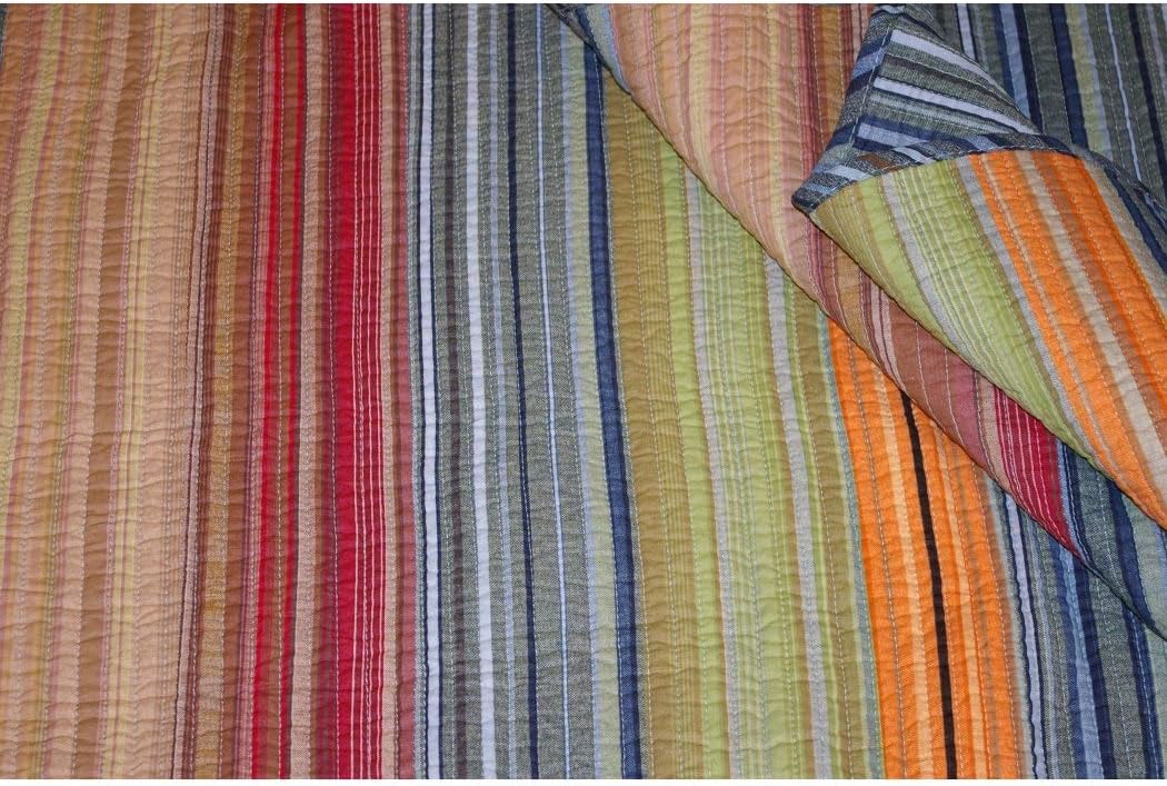 Promo Discount Up To 70% Off 3pc Soft Cozy Brown Grey Yellow Red Full Queen Quilt Set, Cotton, Colorful Rich Warm Tones Striped Western Themed Bedding Blue Orange Green Modern Vibrant Stylish Rustic Cottage Cabin Bright