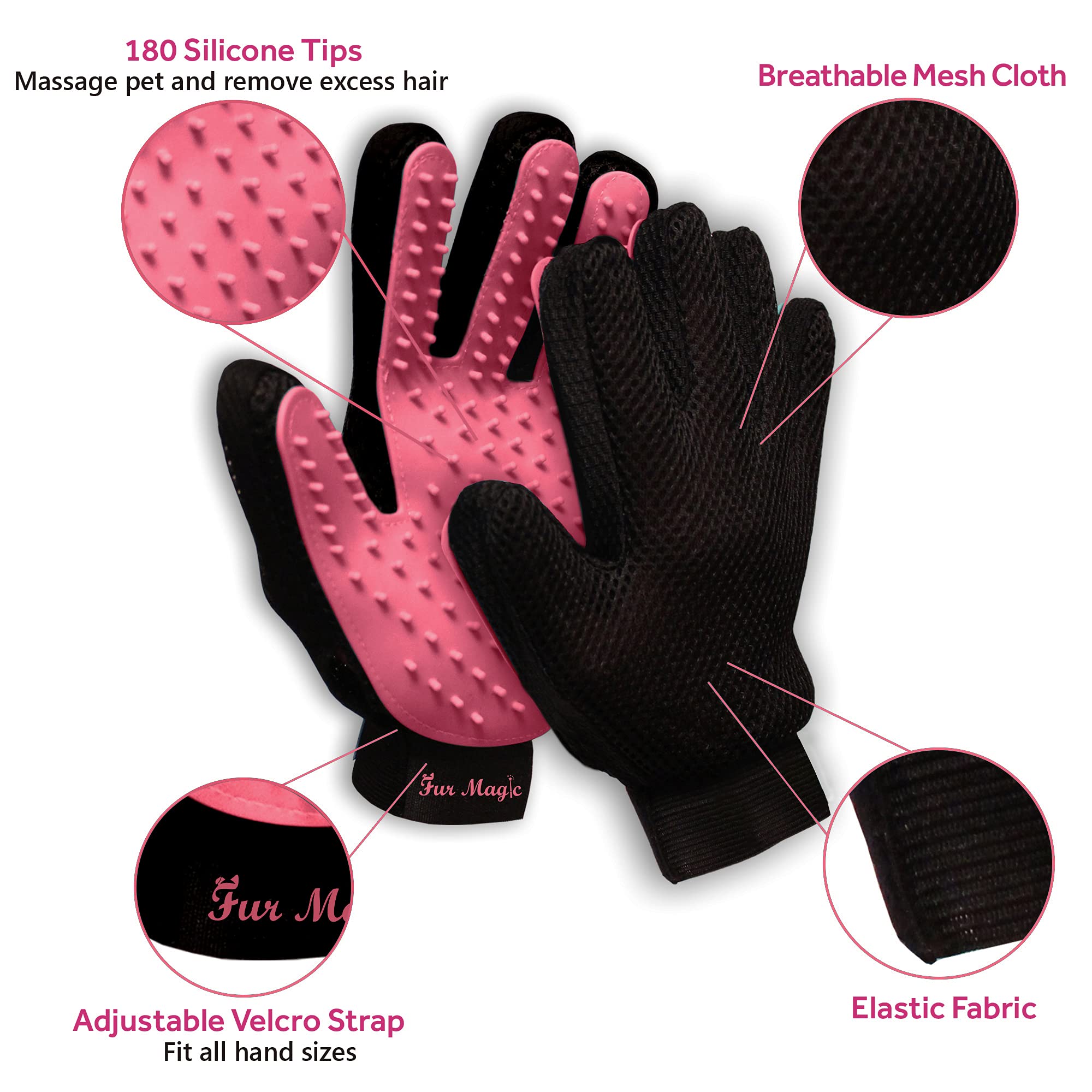 Fur Magic Pink Pet Hair Remover Lint Brush With Self-Cleaning Base + Pair of Grooming Gloves, Remove Hair from Furniture Sofa - Image 4