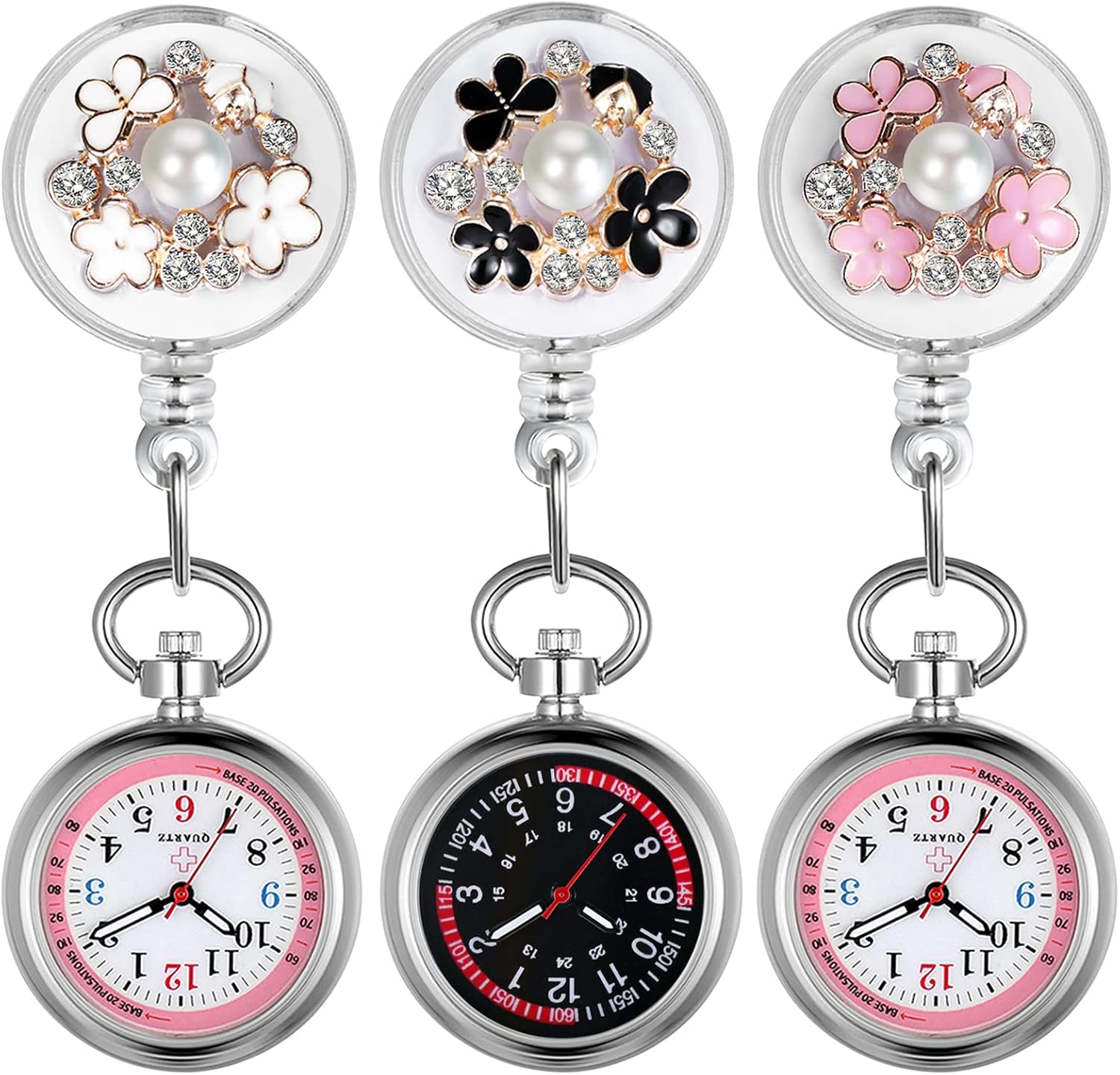 Lancardo Retractable Nurse Watch Clip On Pearl Flower Patterns Badge with Secondhand Stethoscope Lapel Fob Pocket Watch Doctor Nurse Watch for Women and Men