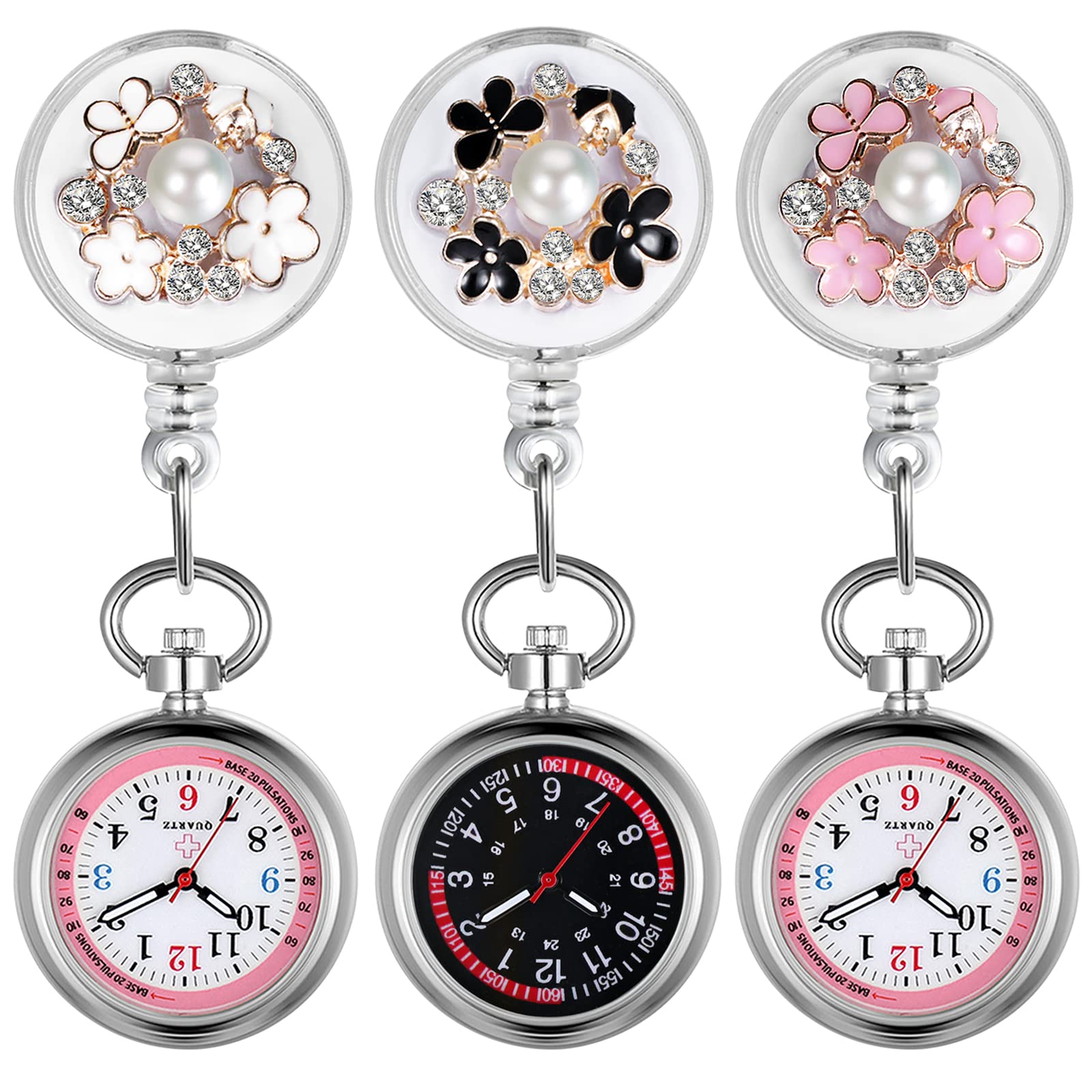 Lancardo Retractable Nurse Watch Clip On Pearl Flower Patterns Badge with Secondhand Stethoscope Lapel Fob Pocket Watch Doctor Nurse Watch for Women and Men