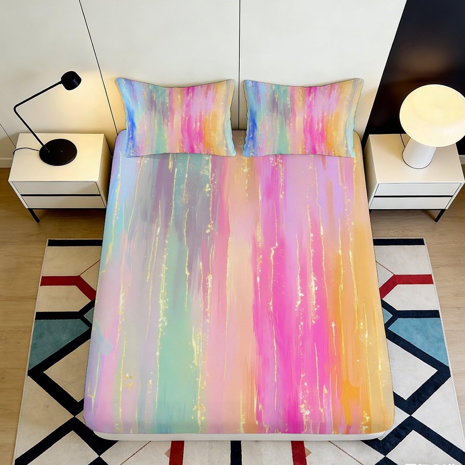 Jqzkxnhpbr Style-5 3D Printed Pastel Rainbow Fitted Sheet Microfiber Soft Watercolor Streaks Mattress Cover For Bedroom Guest Room Dorm Decor 90X200x25cm