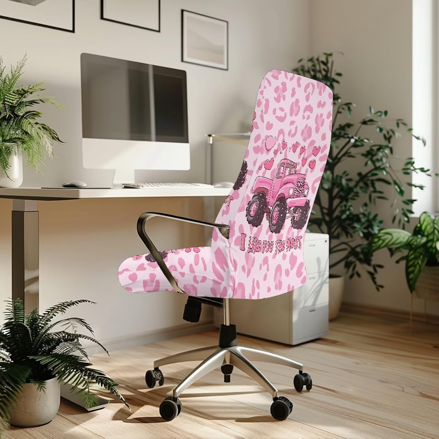 Stretch Computer Office Chair Cover Pink Truck Leopard Print Washable Removable Universal Rotating Boss Chair Slipcovers Modern Valentine's Day Protector for Office Armchair Decor