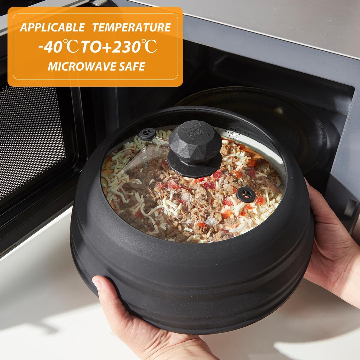 Microwave Splatter Cover Vented Glass Splatter Guard Lid with Collapsible Silicone for Food as Pot Cover 11.8 inch Large Plate for 6 7 8 9 10 11 inch Plate Bowl Black image 2