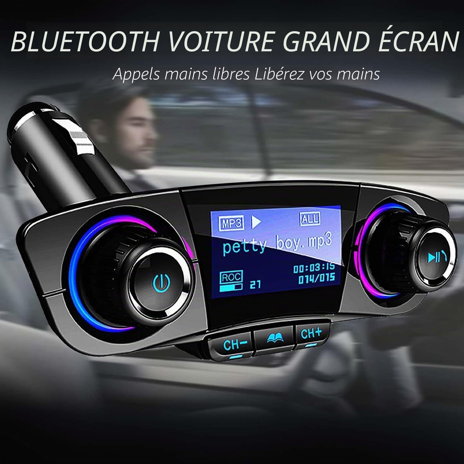 Bluetooth transmetteur FM de Voiture Lecteur MP3 kit Voiture Mains Libres de Radio sans Fil Adaptateur Audio avec Double USB, U Disque, Carte TF