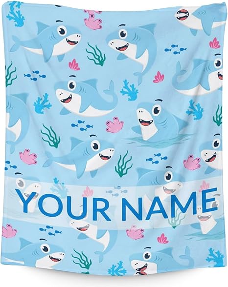 Personalized Shark Blanket Gifts with Name - 30"x40" Cute Throw Blanket for Kids & Adults - Blue Soft Fuzzy Blankets for Couch & Office