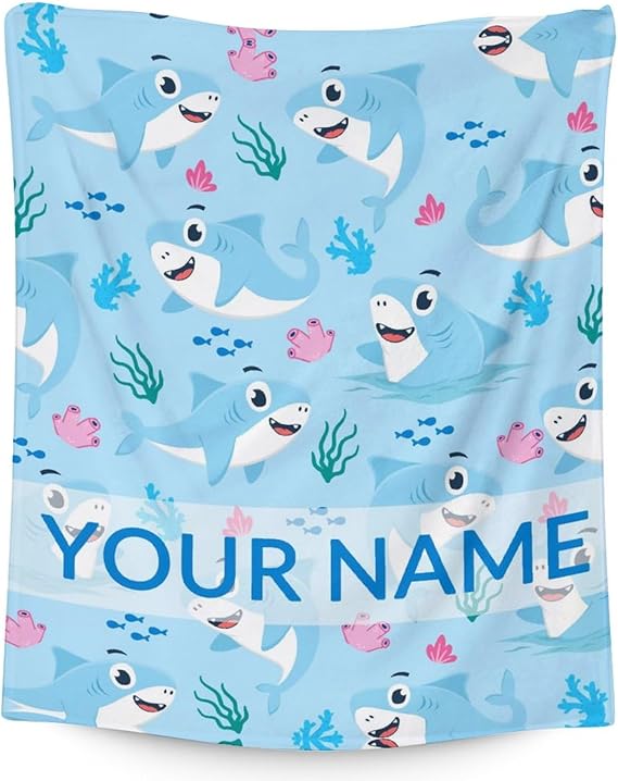 Personalized Shark Blanket Gifts with Name - 30"x40" Cute Throw Blanket for Kids & Adults - Blue Soft Fuzzy Blankets for Couch & Office