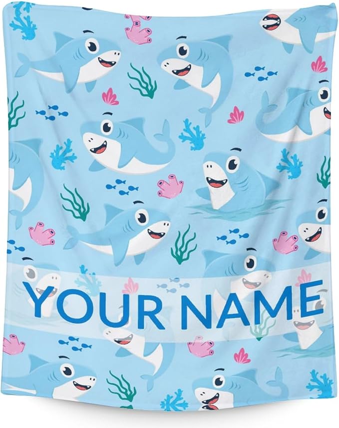 Personalized Shark Blanket Gifts with Name - 30"x40" Cute Throw Blanket for Kids & Adults - Blue Soft Fuzzy Blankets for Couch & Office