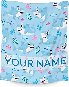 Personalized Shark Blanket Gifts with Name - 30"x40" Cute Throw Blanket for Kids & Adults - Blue Soft Fuzzy Blankets for Couch & Office