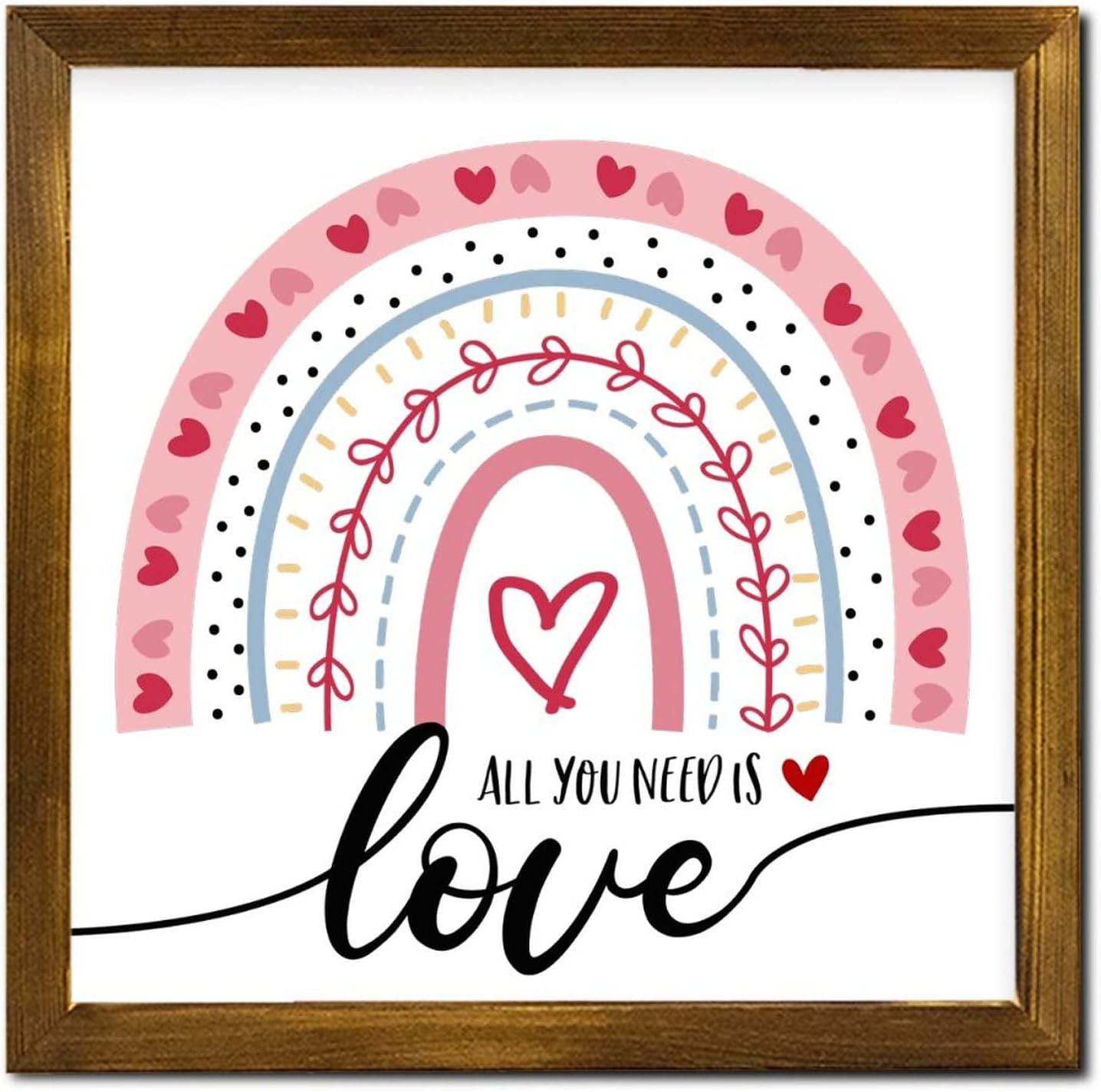 Valentine's Day Gift for Him Wood Framed Sign All You Need is Love Farmhouse Rustic Wood Wall Hanging Decor Valentine Heart Colorful Rainbow Sign for Living Room Kitchen 16x20in