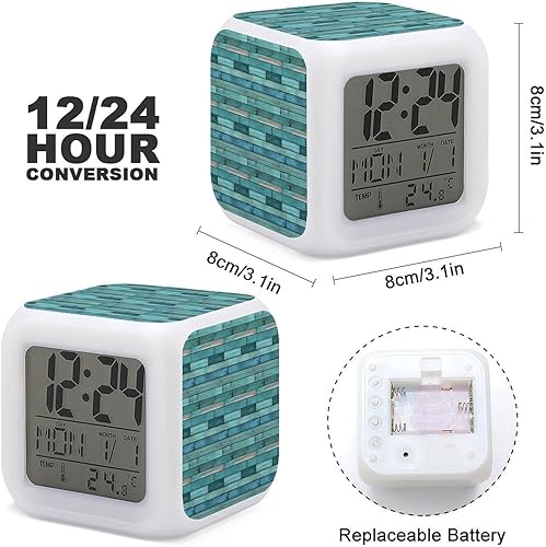 Miniatura 2 de Digital Alarm Clocks for Bedrooms - Retro Cyan Wood Grain Print Cute Led Small Nightstand Digital Clock for Classroom College Dorm with 7 Color