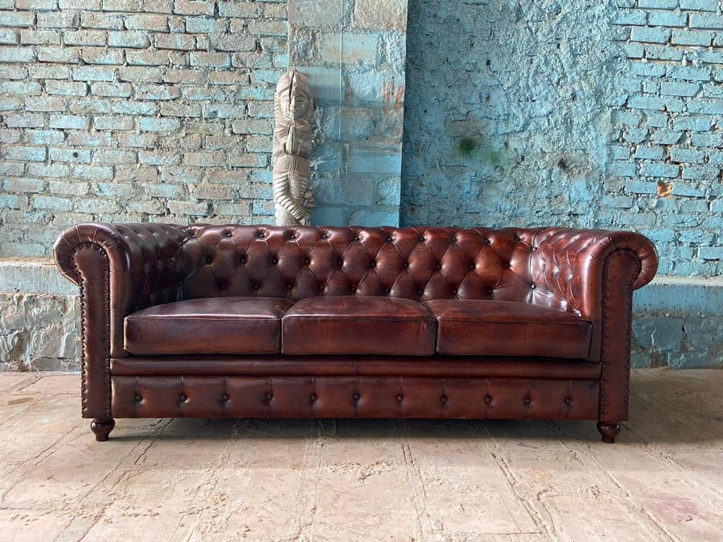 JASSI Brothers Chesterfield Leather Sofa 3 Seater (86x34x30 inches ...