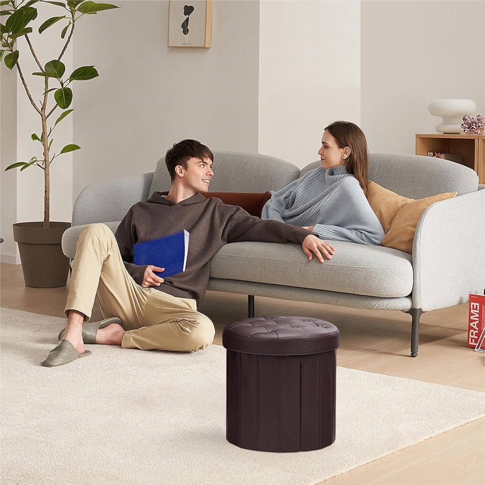 Ottomana Salón Reposapiés Plegable Redondo De Cuero Sintético con Tapa Y Almacenamiento Asiento Extra(Grey (Suede))