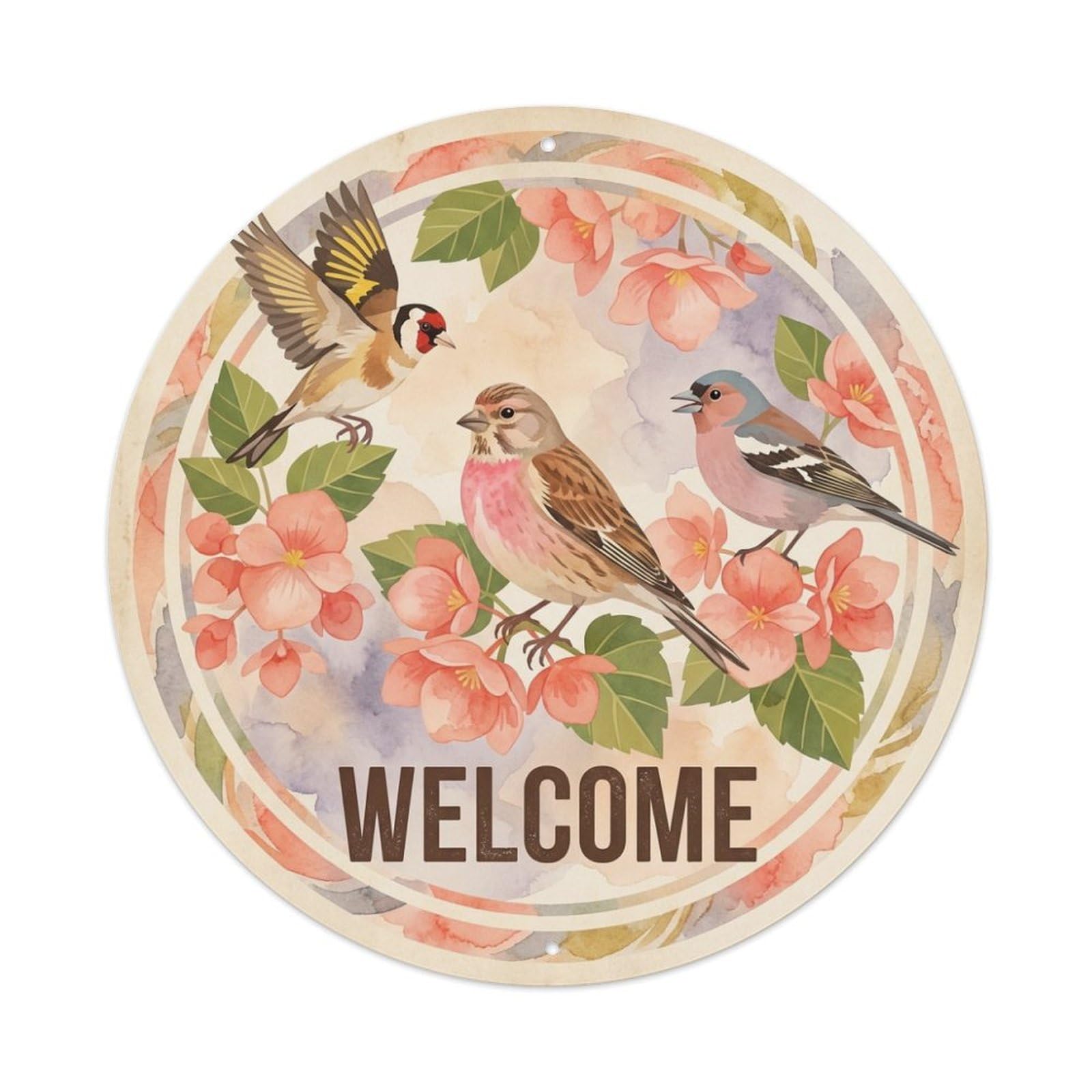 Watercolor Bird Slogan Welcome Begonia Bouquet Metal Tin Sign