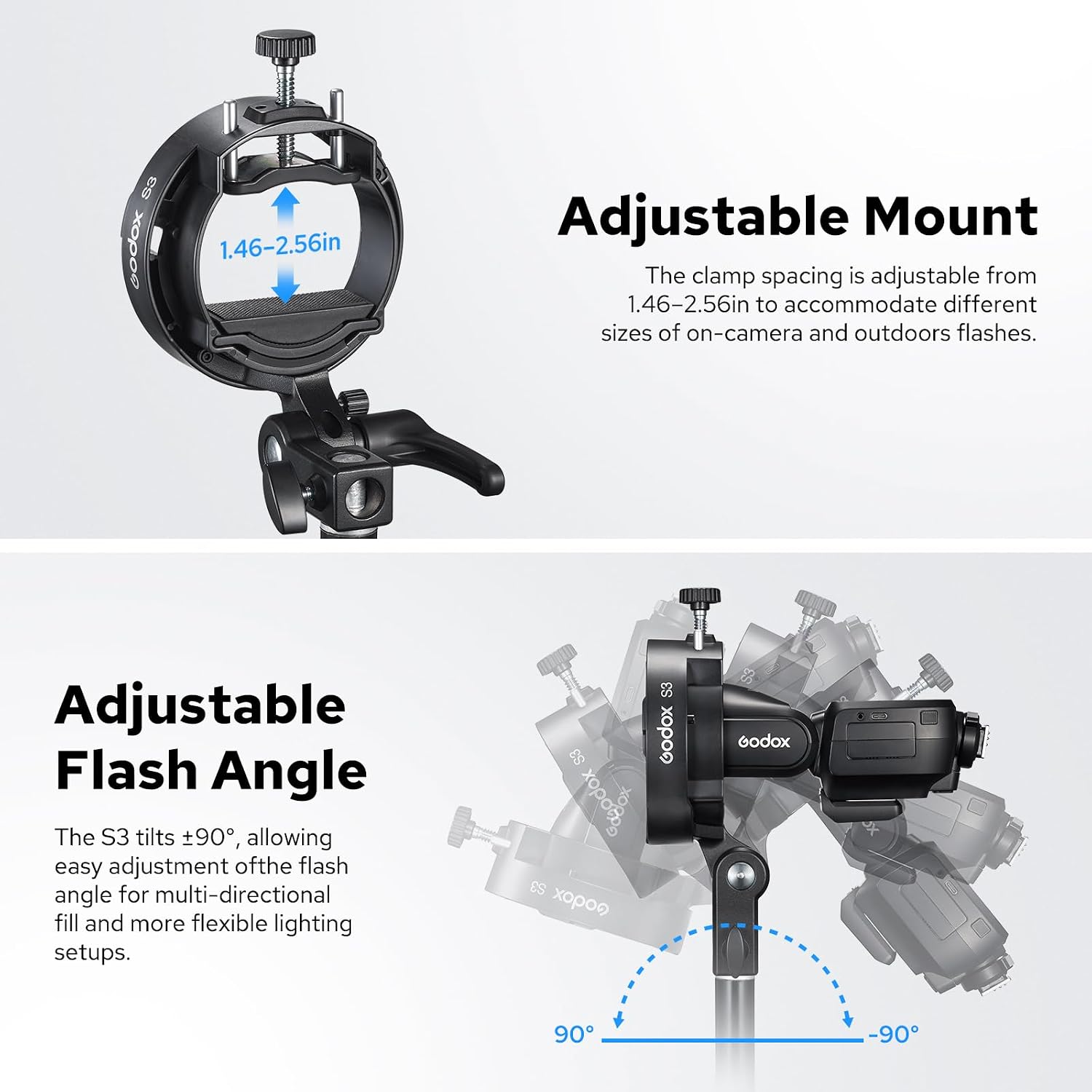 Godox S3 Speedlite Bracket, S-Type Bracket Updated Version Bowens Mount Holder for Godox V1 V1Pro V100 AD300Pro AD300ProII AD200ProII AD200Pro AD200 V860II V860III TT350, Support ±90° Angle Adjustment