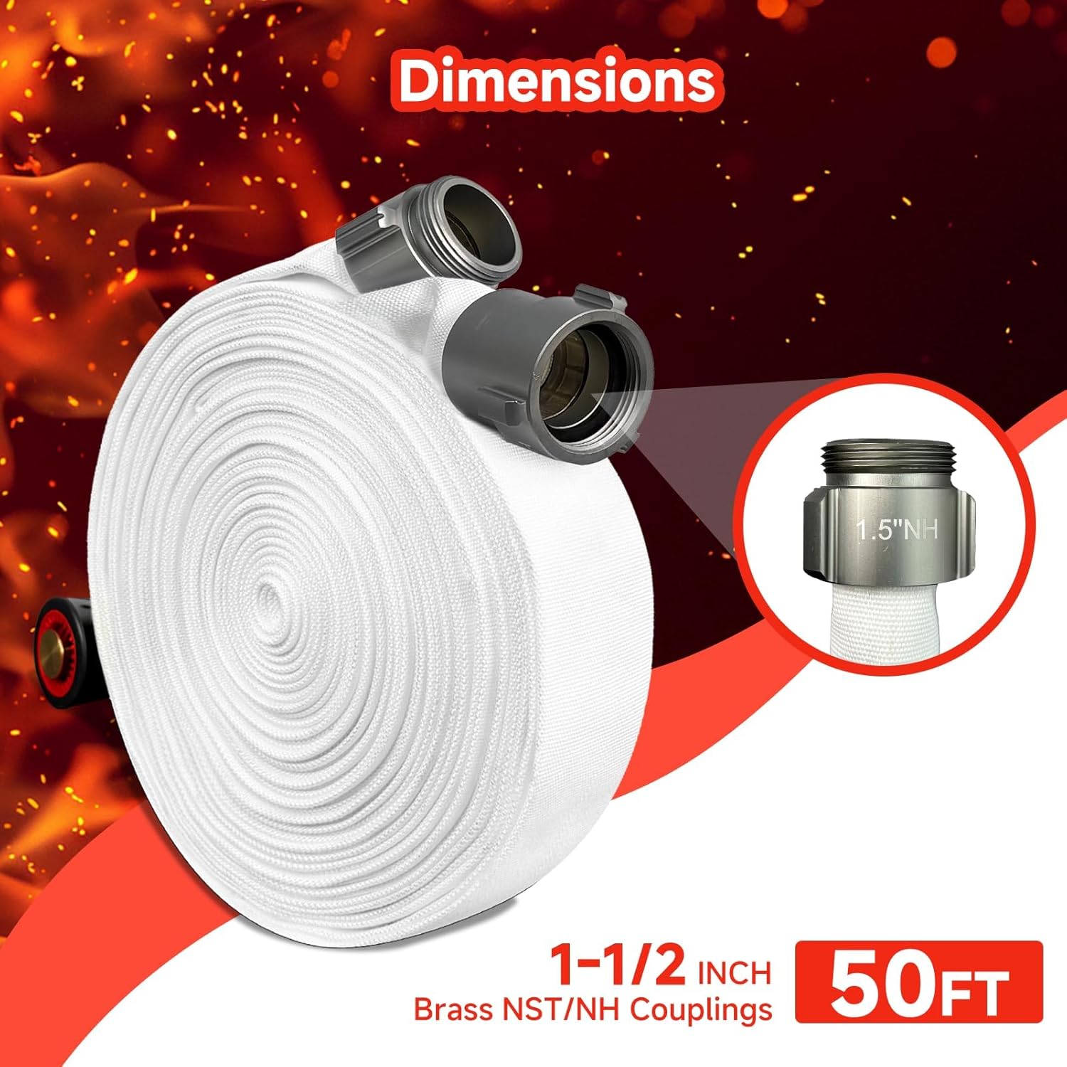 Fire Hose 1-1/2" ID x 50 ft Double Jacket TPU Lined, M x F NST/NH Aluminum Couplings with Fire Nozzle, 750 PSI Burst Pressure, Commercial Grade