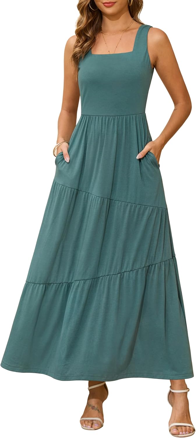 Kranda 2026 Summer Sleeveless Long Beach Sundress Square Neck Tank Top Tiered Maxi Dress with Pockets
