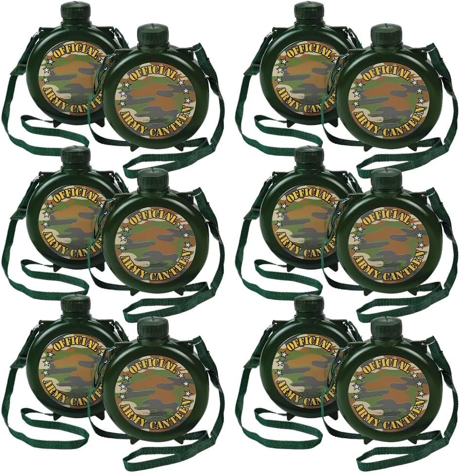Fun Express Canteen Water Bottle 12 Pack - Kids Safari Party Favors with Adjustable Nylon Strap | 15oz Plastic Camo Water Bottles for Camping, Hiking & Outdoor Adventures | Army Green Design
