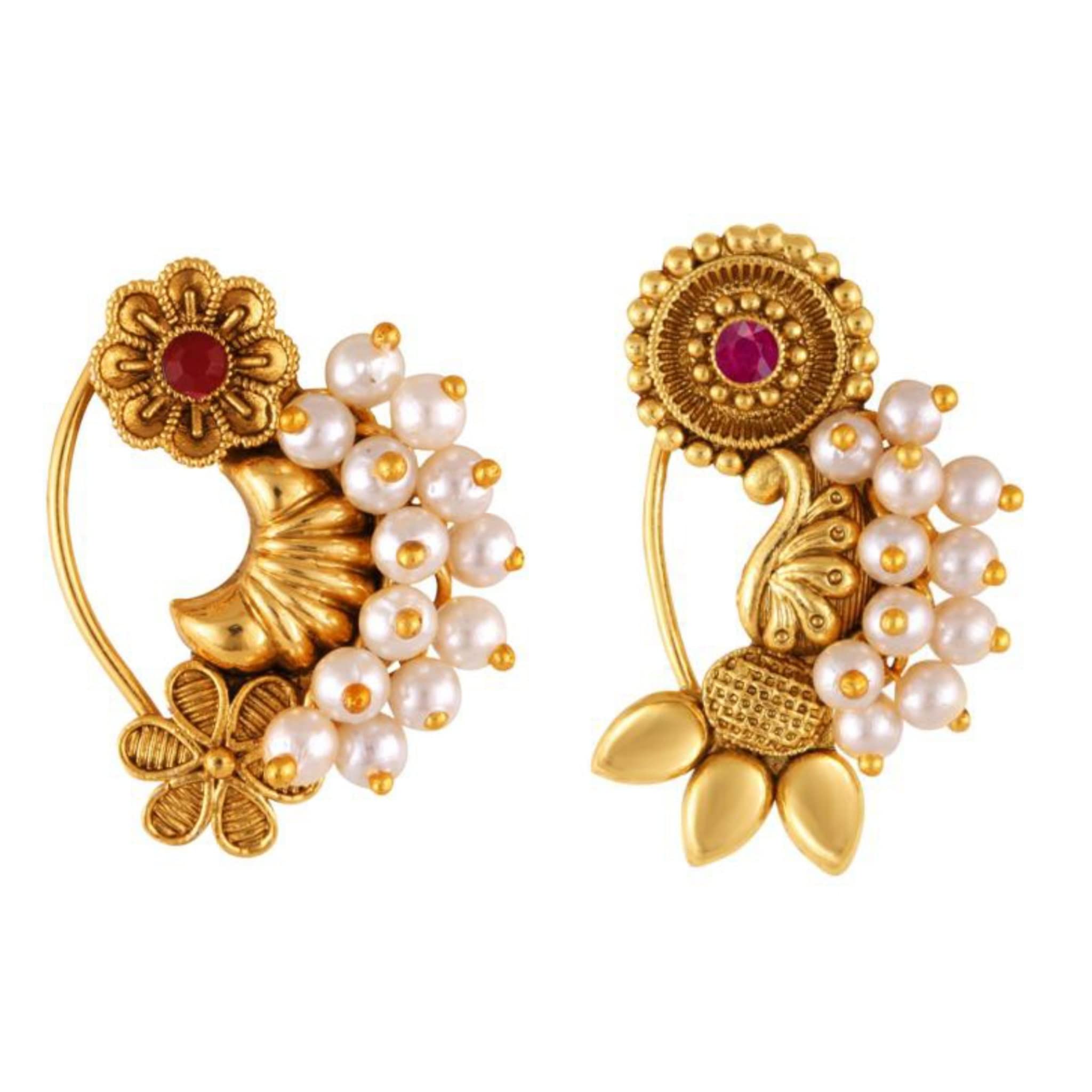 Vighnaharta Gold Plated with Pearl Alloy and Artificial stone CZ Non Piercing Maharashtrian Nath Nathiya Combo./ Nose Pin valentine day gift valentineday gift for her gift for him gift for women gift for women[VFJ1172-1179NTH-Press-Red]-image-35