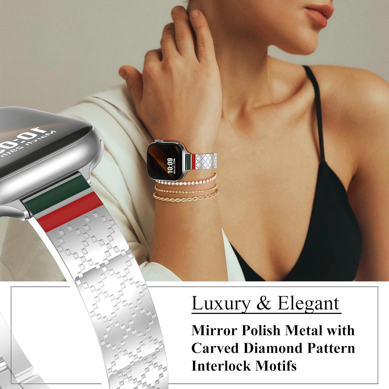 WINGLE Slim Watch Bands for Apple Watch Band Women 38mm 40mm 41mm 42mm 44mm 45mm 46mm Series 11 10 SE 3/2/1 Jewelry Dressy Bracelet Thin Metal Strap Designer Luxury Bangle for iWatch 9/8/7/6/5/4/3/2/1 - Image 3