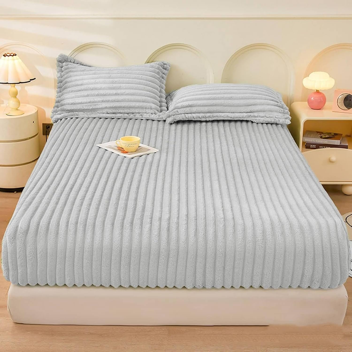 King Size Fitted Sheet, Milk Velvet Solid Color with Stripe Textured Bedding Fitted Sheet, Mattress Protector, Soft, Wrinkle Free | Coffee, 200x220cm